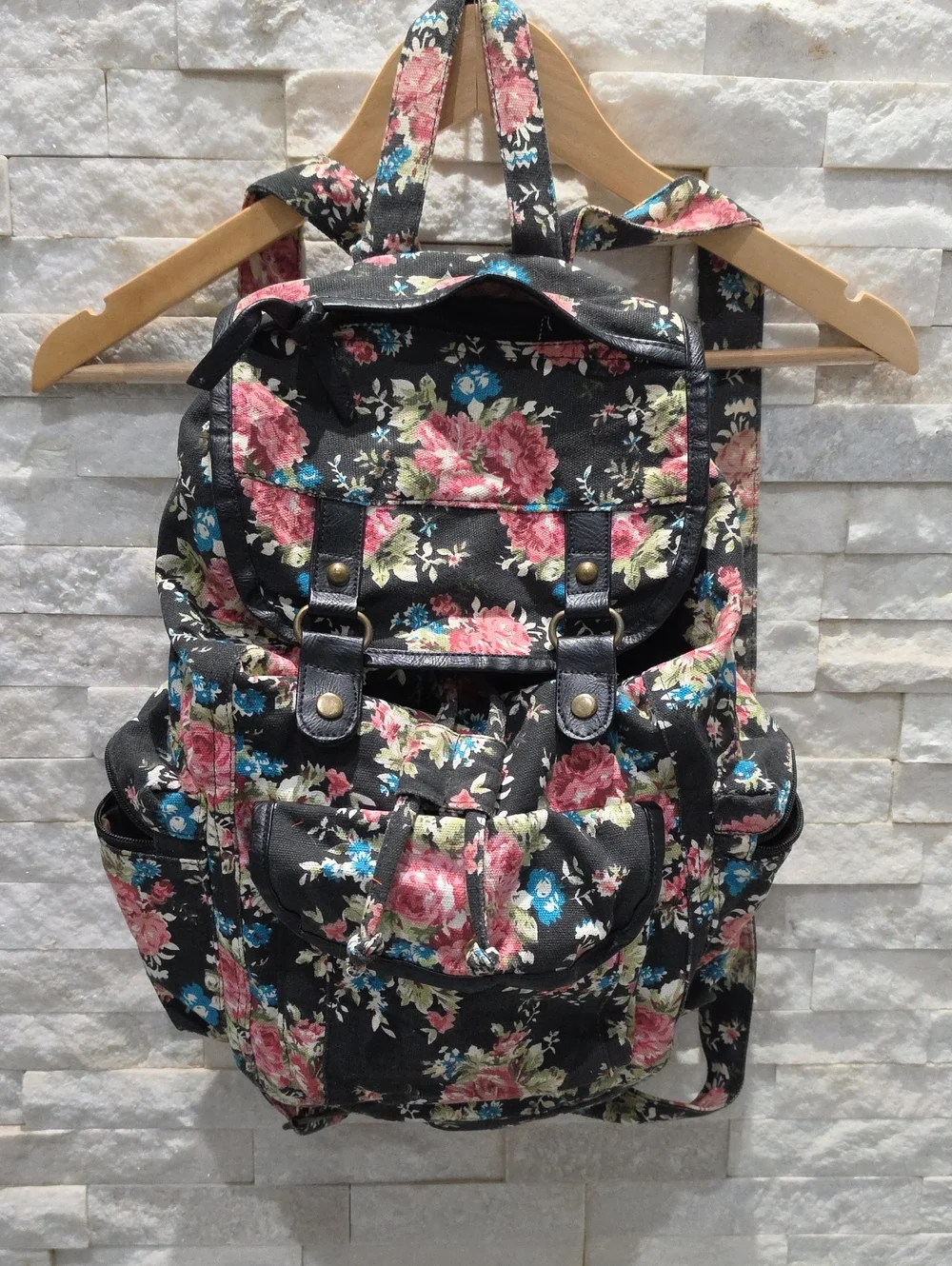 Stone Mountain Accessories Black Floral Canvas Backpack with Pink & Blue Blooms
